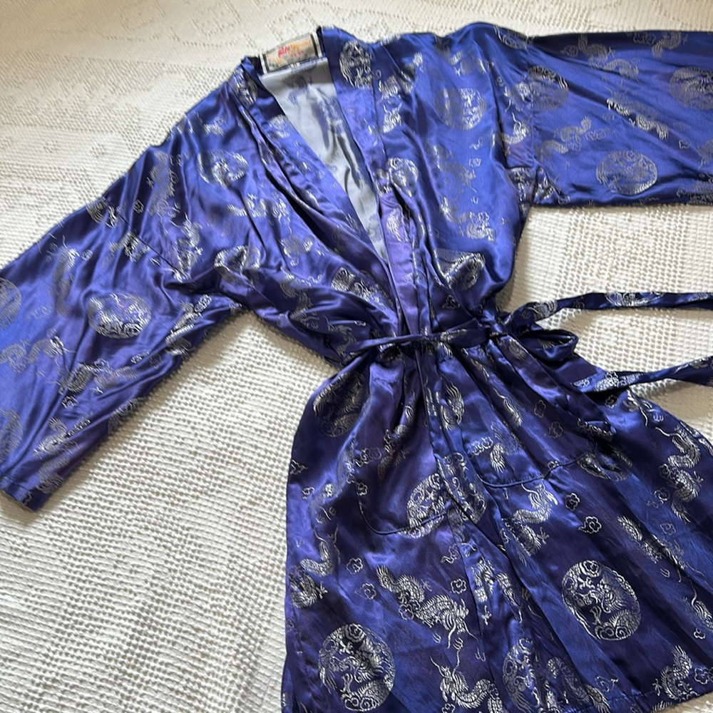 Vintage Blue Dragon Brocade Satin Kimono Robe